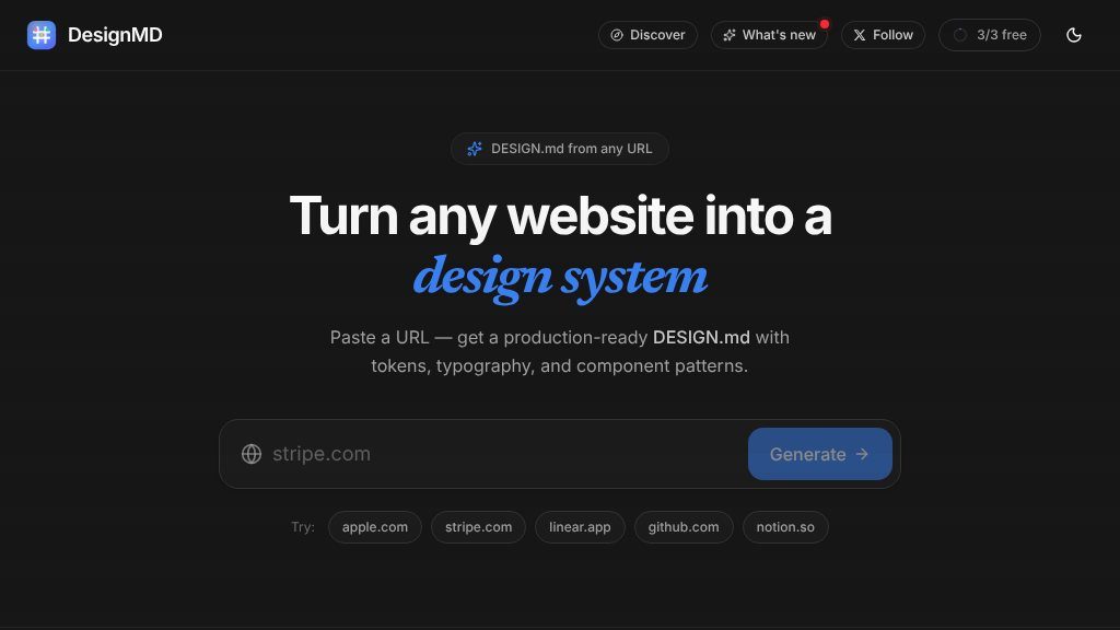 Screenshot of DesignMD: Instantly Create Detailed DESIGN.md Files from Any URL