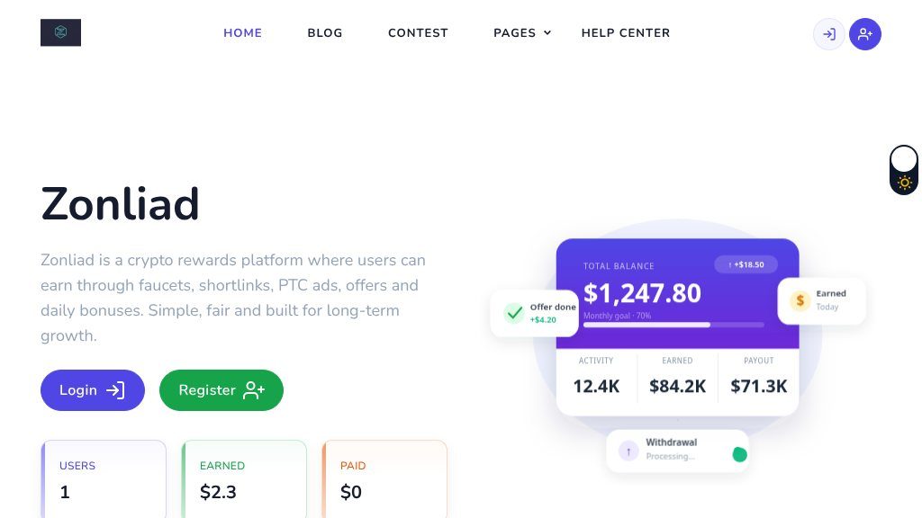 Screenshot of Zonliad Crypto Rewards Platform: Earn Cryptocurrency Through Faucets and More
